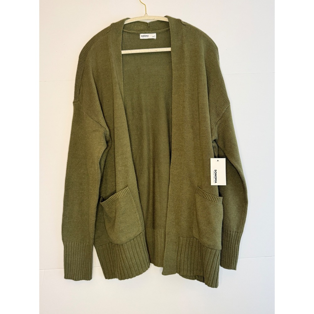 NWT- SONOMA Goods For Life Womens Olive Green Knit Open Front Cardigan Sweater L
